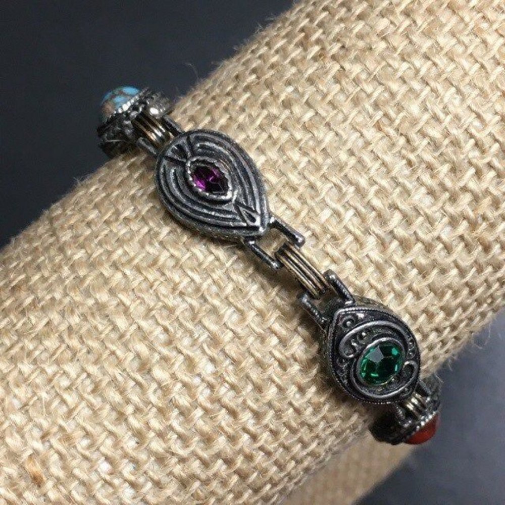 Exotic Multicolor Bracelet Silver Eye Teardrop Oval Rhinestone Marbled BoHo
